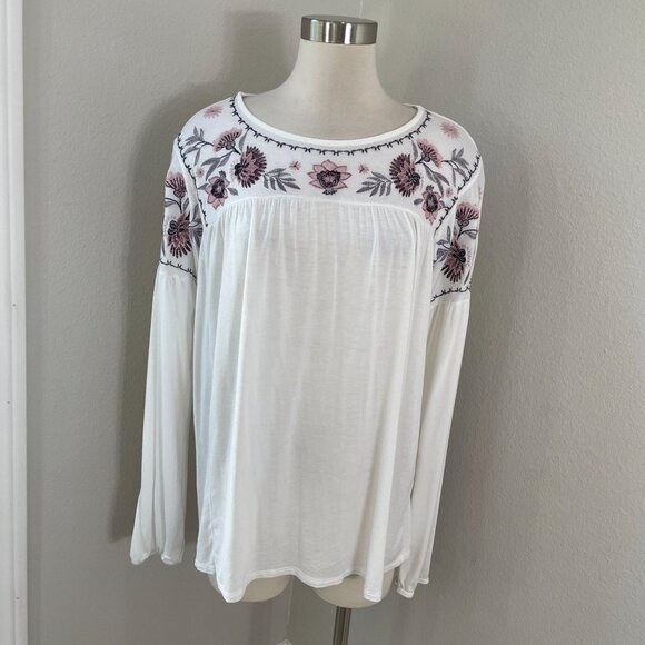 Knox Rose Womens Plus XXL White Long Sleeve Embroidered Boho Top Stretch Shirt - Picture 1 of 10